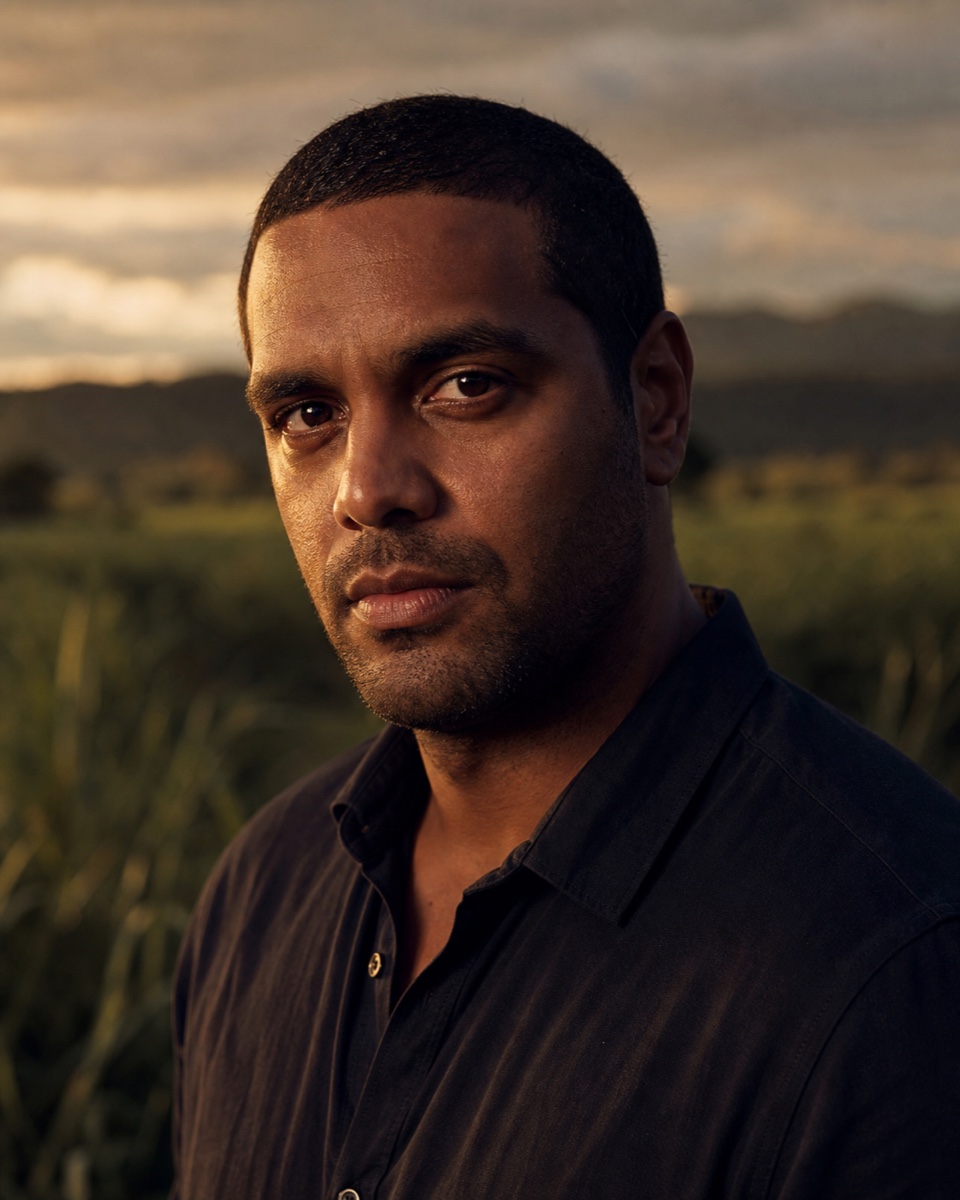 Detective Darren Parsons — a First Nations man in his early thirties with short-cropped hair and three-day stubble, photographed at dusk