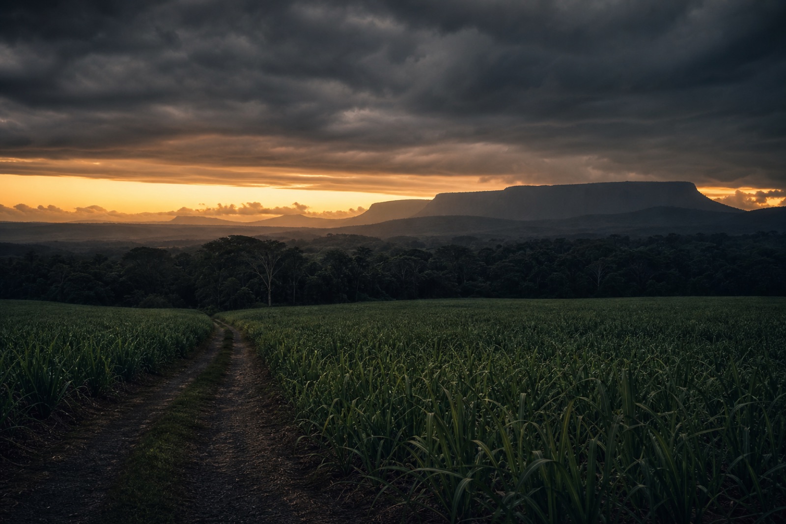 Sugar cane fields at dusk stretching toward the Daintree rainforest and the Atherton Tablelands under a storm sky in Far North Queensland