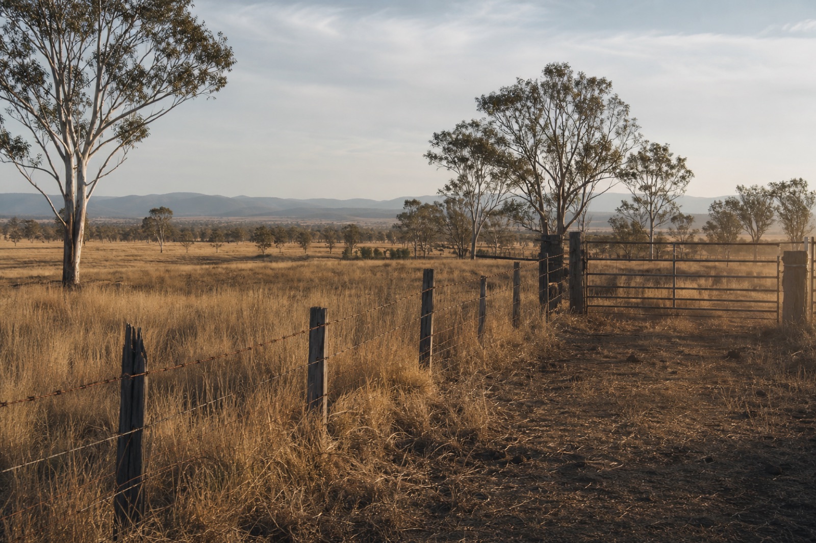Dry cattle country on the Atherton Tablelands with a weathered fence line and a rusting gate under harsh afternoon light